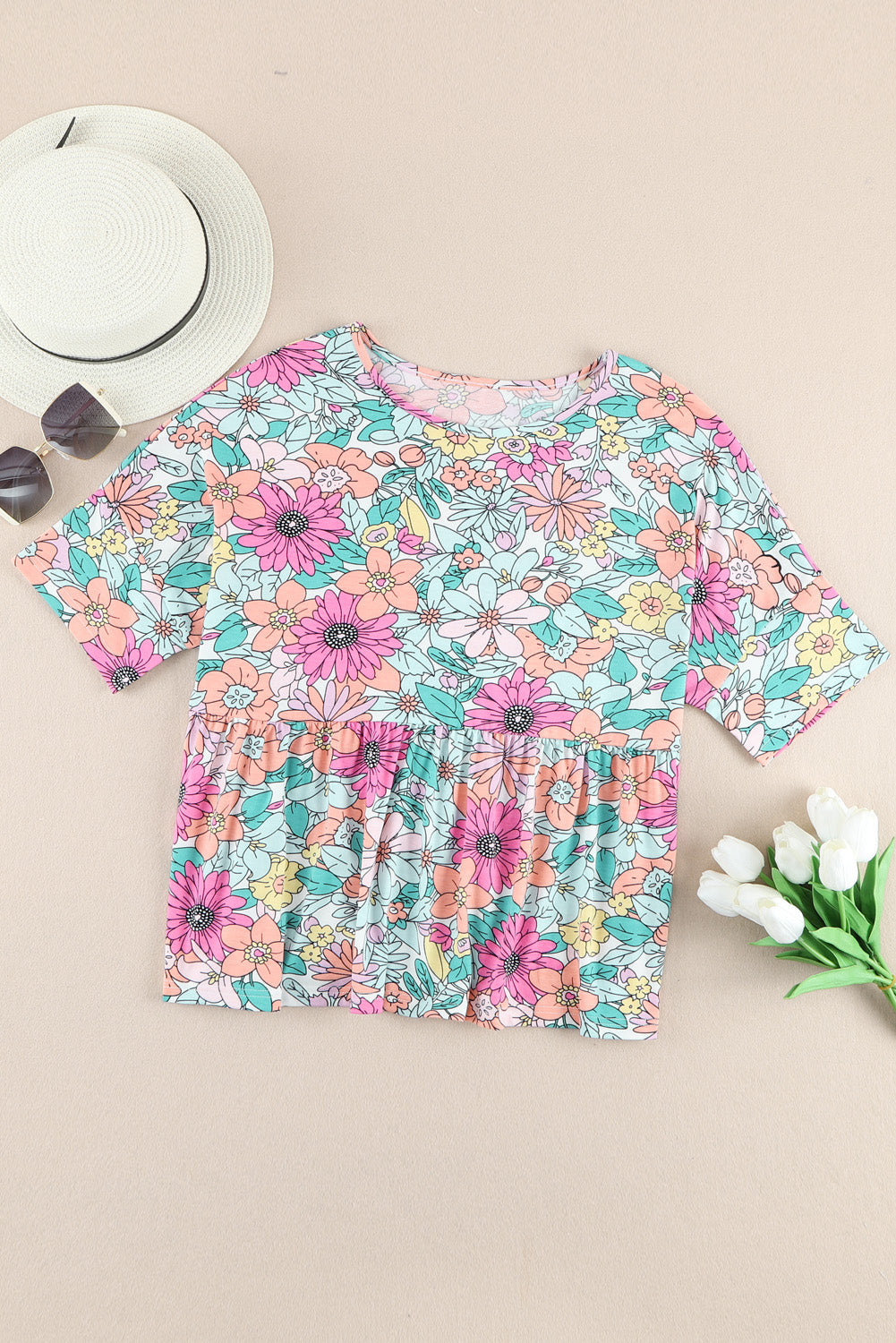 Multicolor Flower Print Pocketed Drawstring Waist Wide Leg Pants