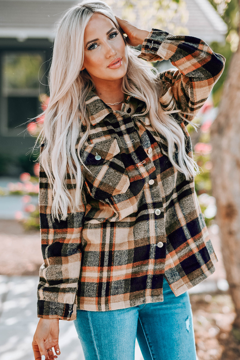 Navy Blue Plus Size Plaid Flap Pocket Shacket