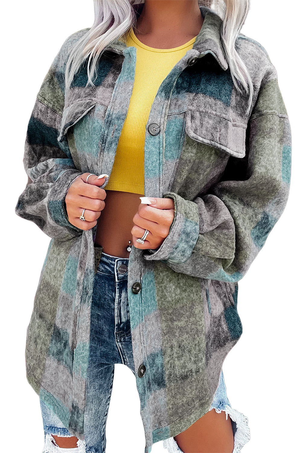 Multicolor Brushed Plaid Buttoned Pullover Oversized Hoodie