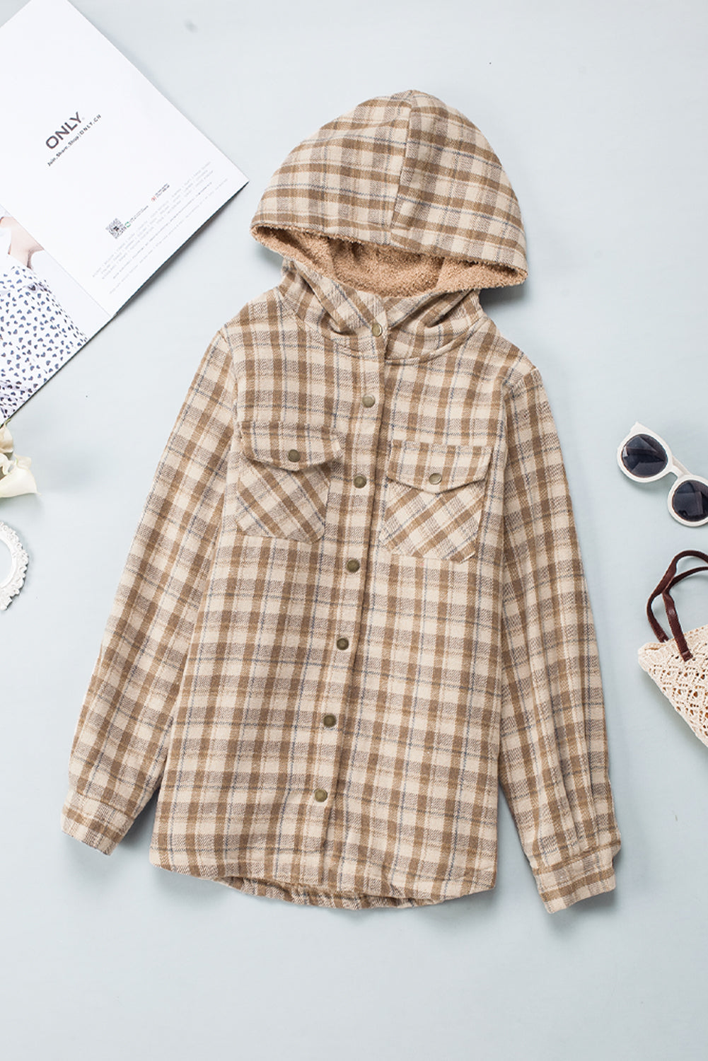 Orange Plaid Pattern Sherpa Lined Hooded Shacket