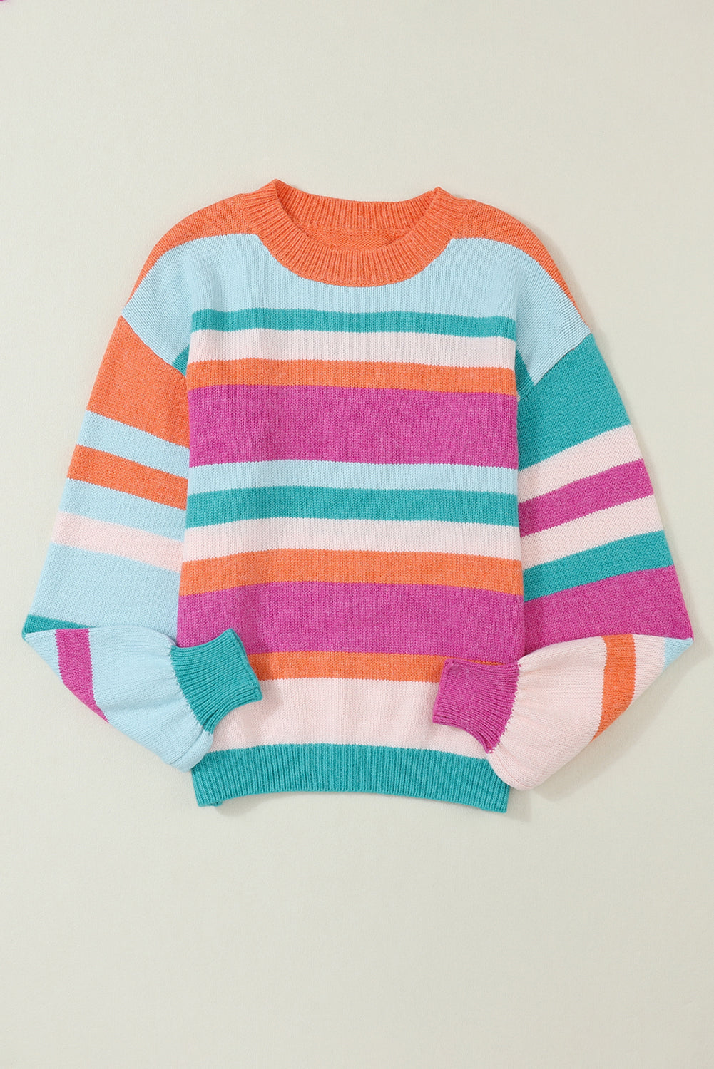 Multicolour Striped Knit Drop Shoulder Puff Sleeve Sweater