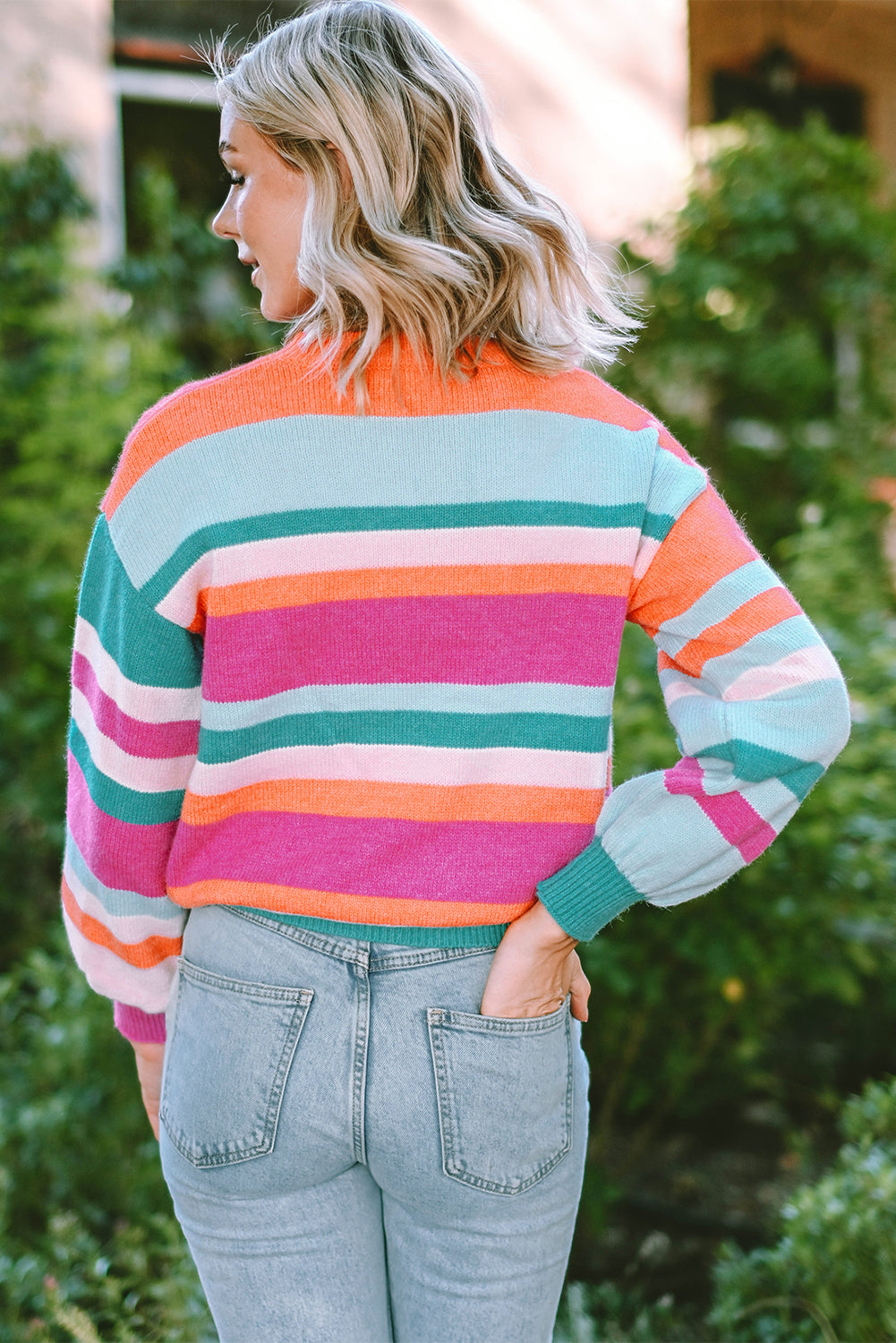 Multicolour Striped Knit Drop Shoulder Puff Sleeve Sweater
