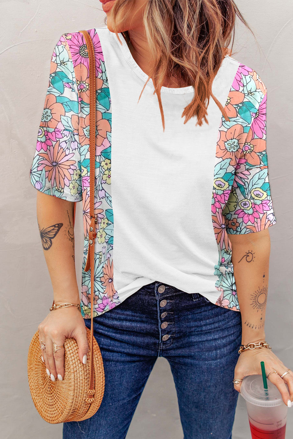 Multicolor Flower Print Pocketed Drawstring Waist Wide Leg Pants