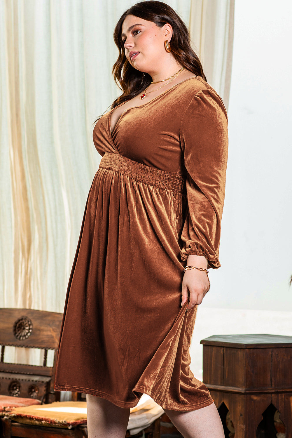 Camel Wrap V Neck Smocked High Waist Velvet Midi Dress