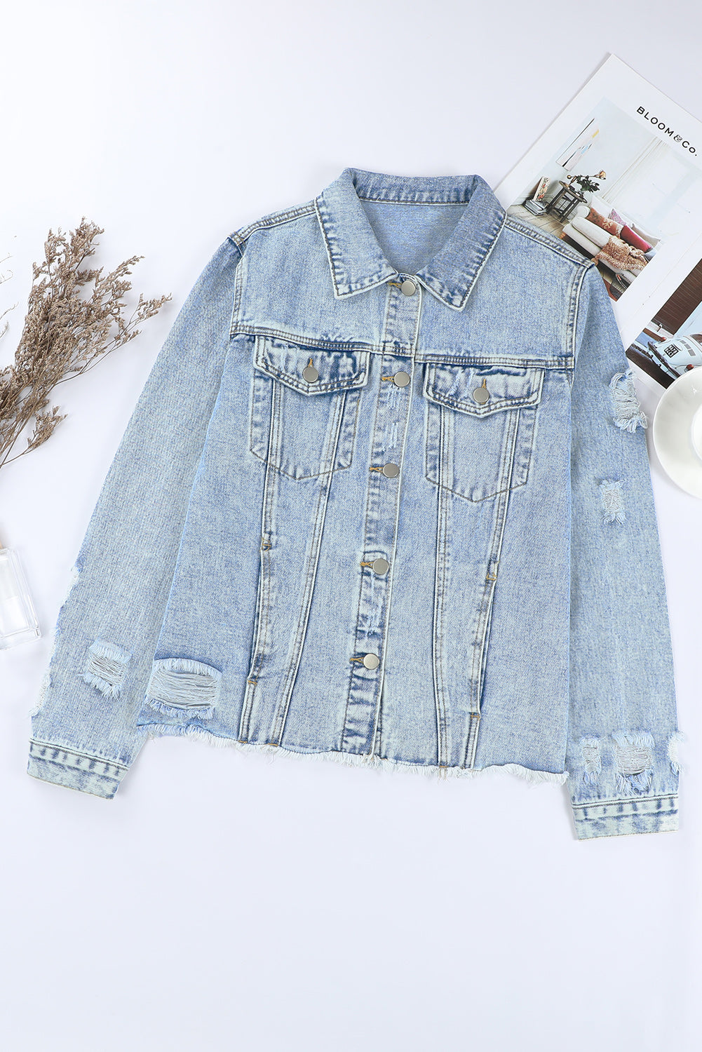 Dark Blue Plus Size Distressed Flap Pocket Denim Jacket
