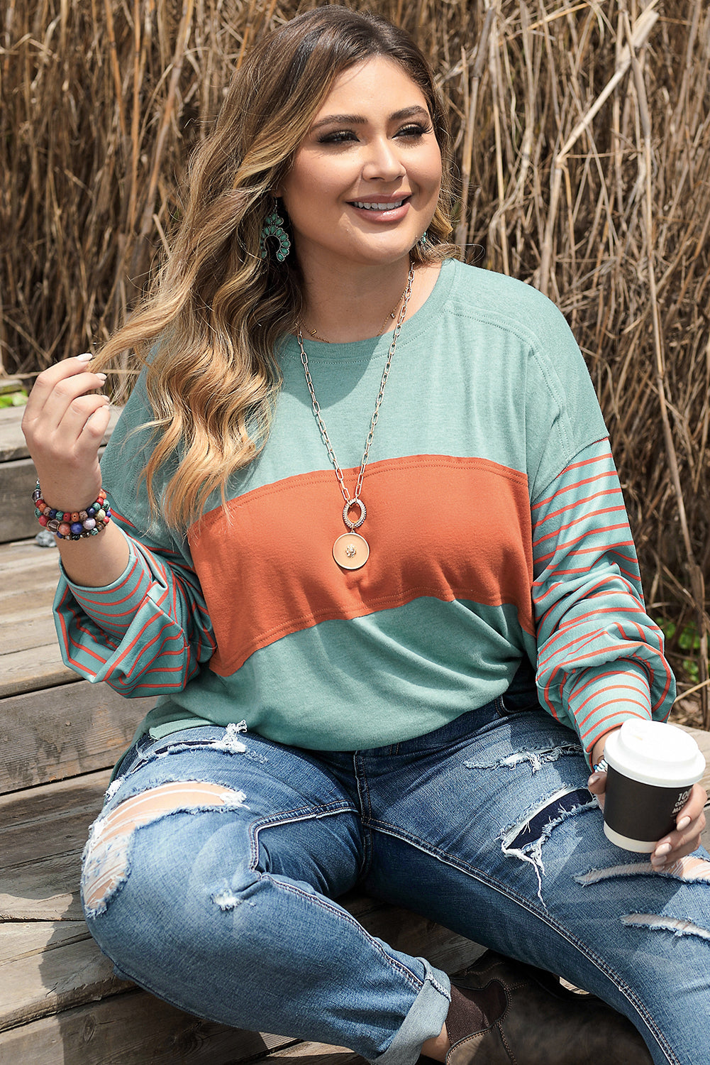 Peach Blossom Colorblock Striped Bishop Sleeve Top