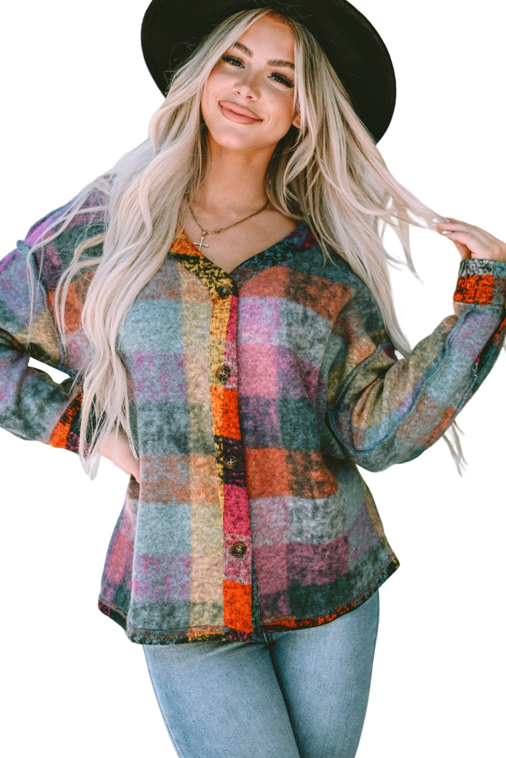 Multicolor Brushed Plaid Buttoned Pullover Oversized Hoodie