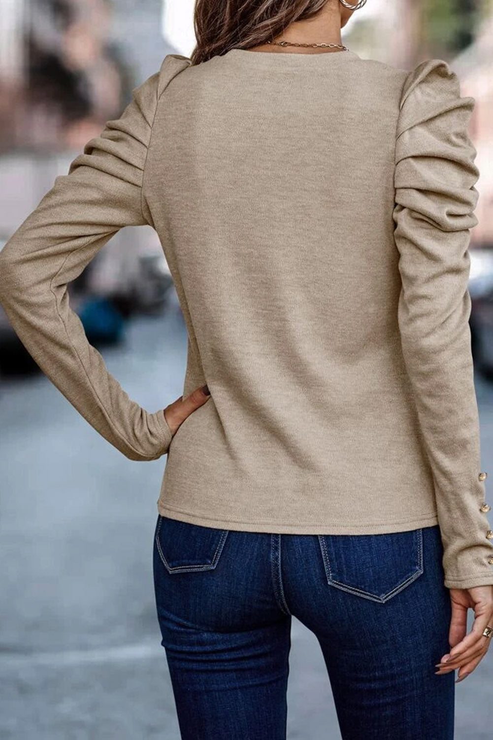 Gray Buttoned Puff Long Sleeve Sheath Top