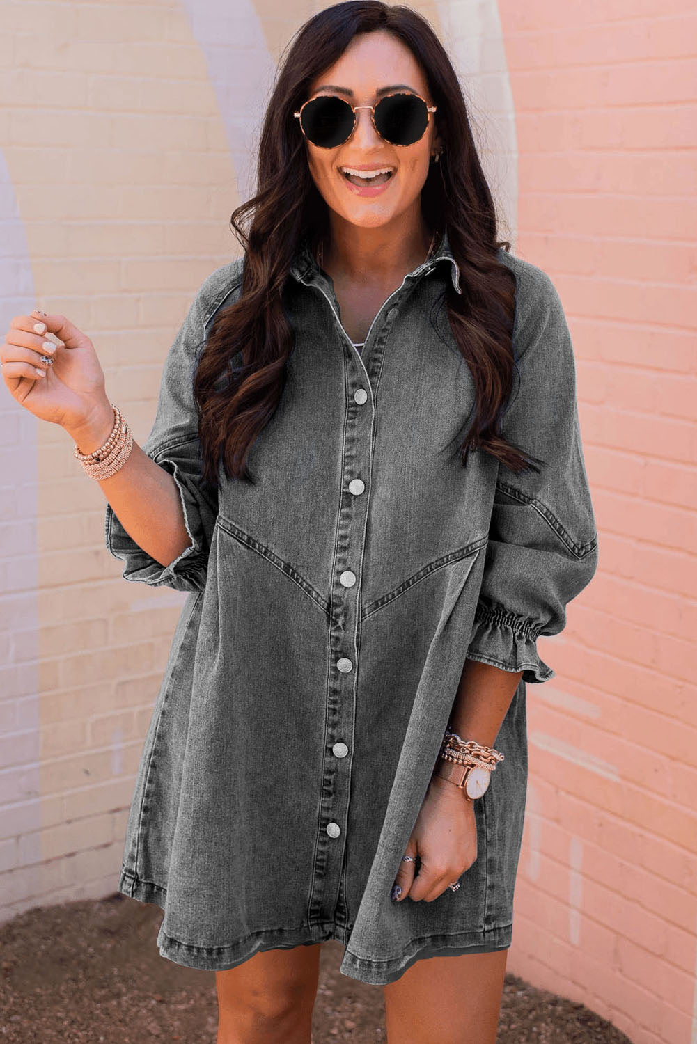 Gray Sequin Nutcracker Graphic Long Sleeve Shirt Denim Dress