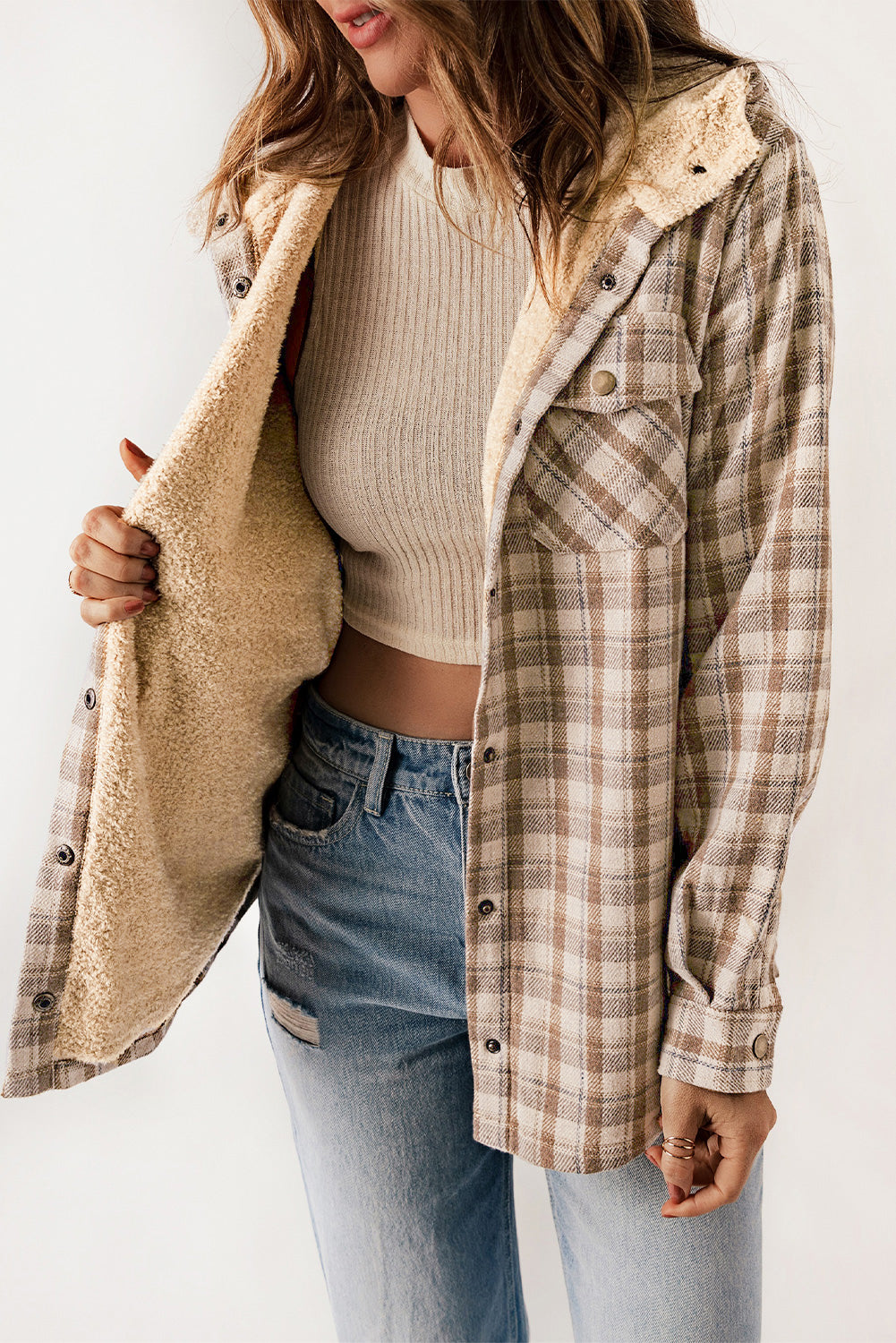 Orange Plaid Pattern Sherpa Lined Hooded Shacket