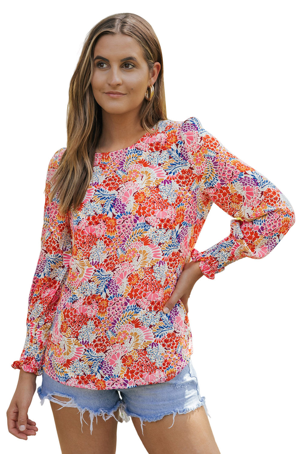 Multicolor Gorgeous Floral Print Tie V Neck Ruffle Dress
