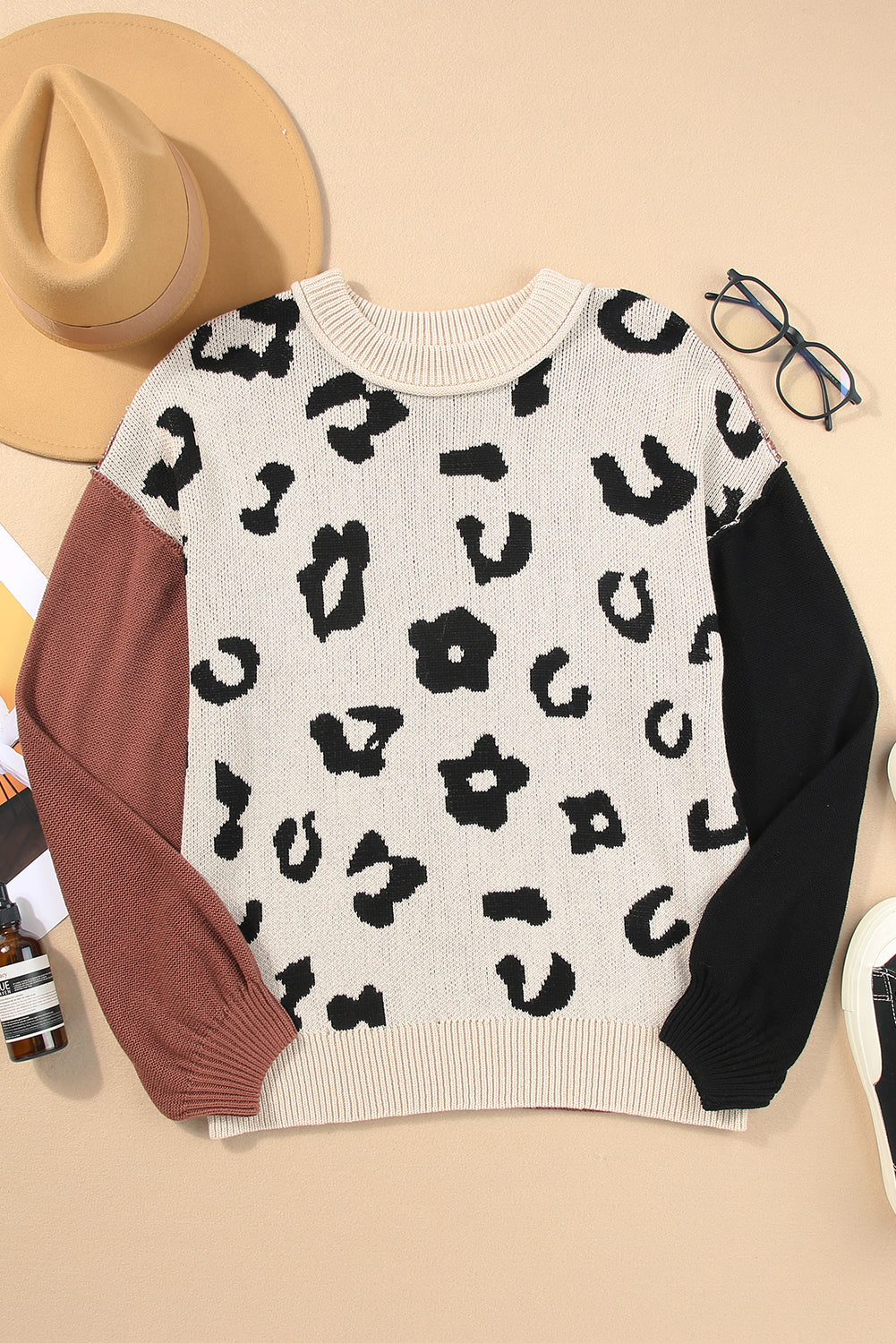 Coffee Colorblock Bishop Sleeve Ribbed Trim Sweater