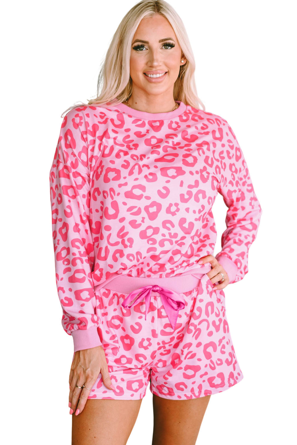 Leopard Print Zipped Split Neck Drawstring Pants Set