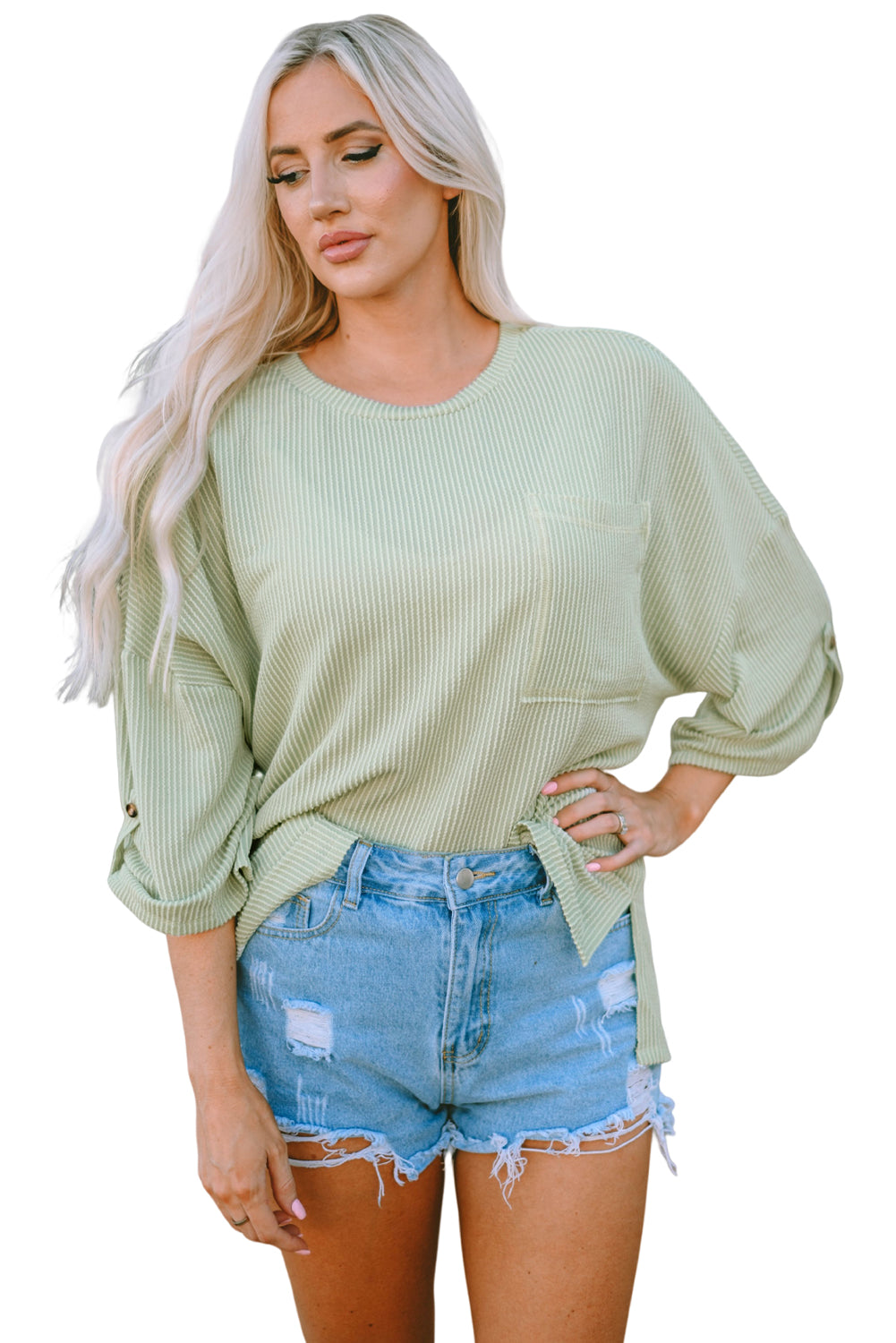 Gray Ribbed Roll-tab Sleeve Chest Pocket Oversize Top