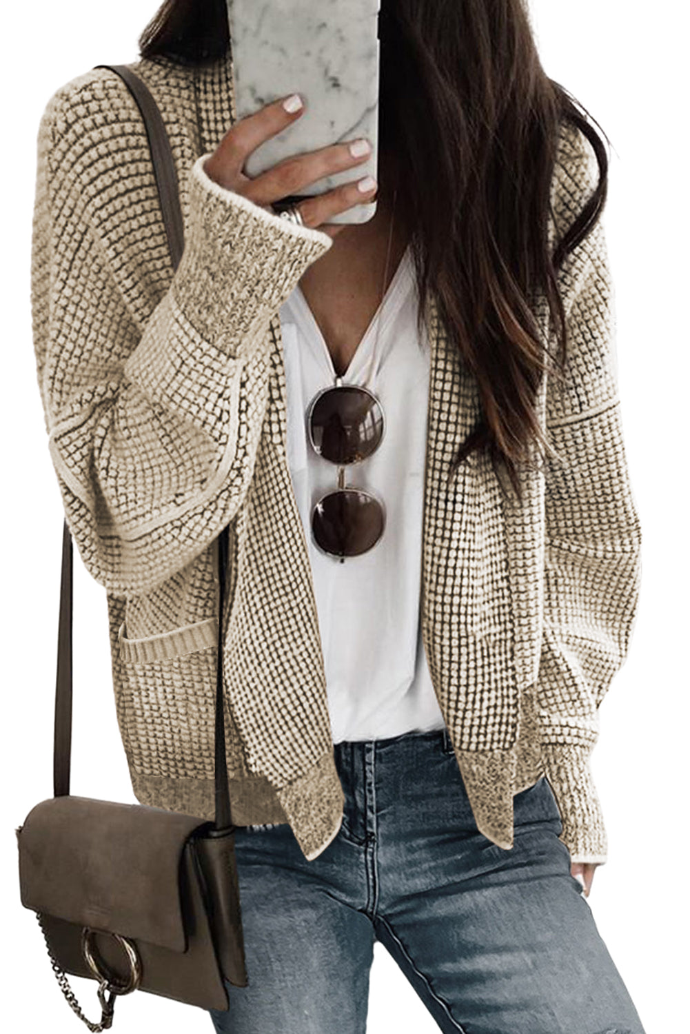 Gray Plaid Knitted Long Open Front Cardigan