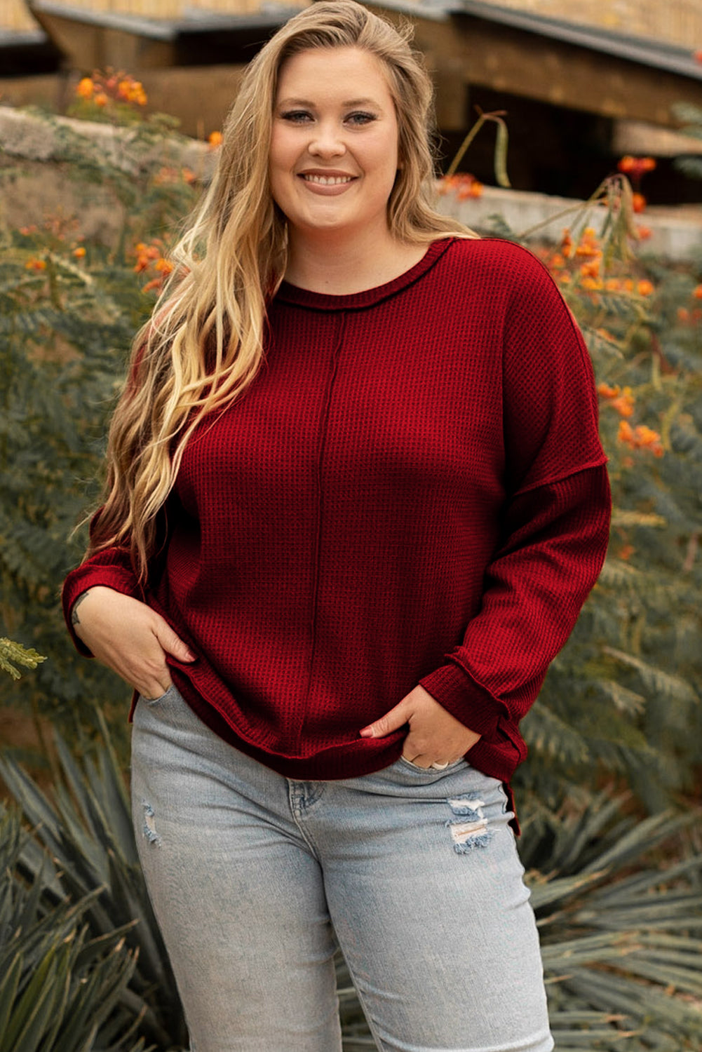 Gold Flame Exposed Seam Detail Waffle Knit Plus Size Top