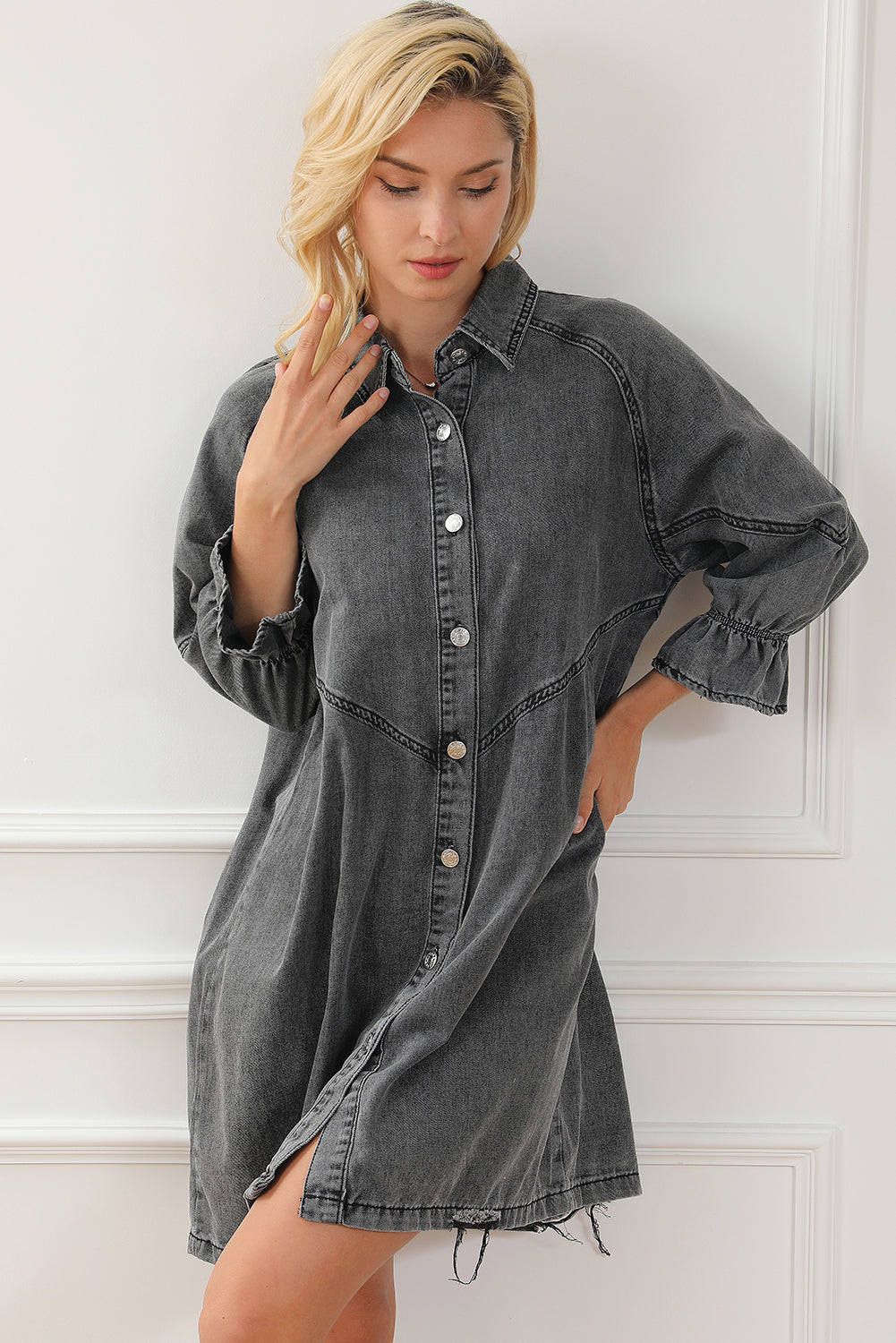 Gray Sequin Nutcracker Graphic Long Sleeve Shirt Denim Dress