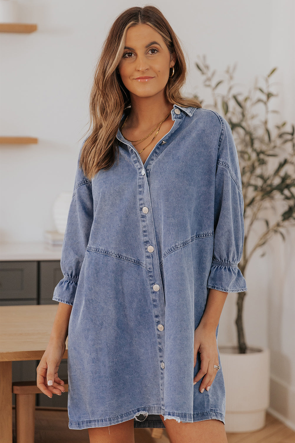 Gray Sequin Nutcracker Graphic Long Sleeve Shirt Denim Dress