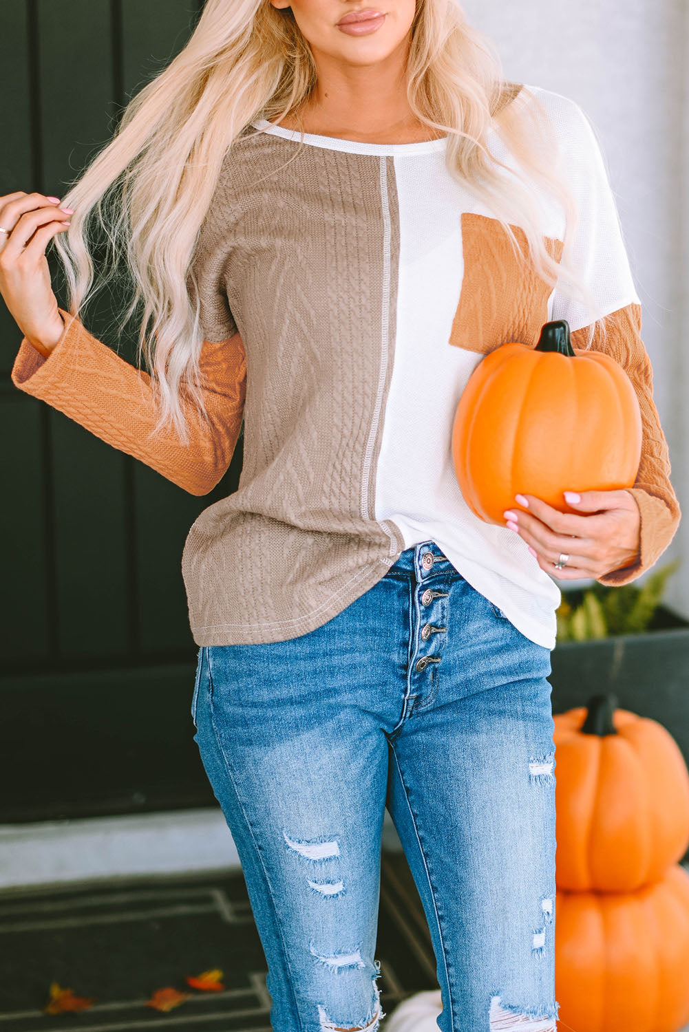 Black Long Sleeve Colorblock Chest Pocket Textured Knit Top