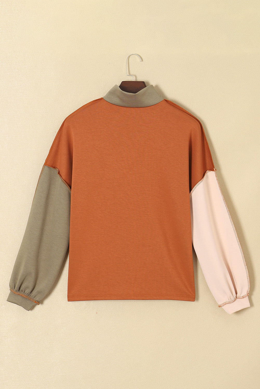 Khaki Exposed Seam Color Block Zipped Sweatshirt