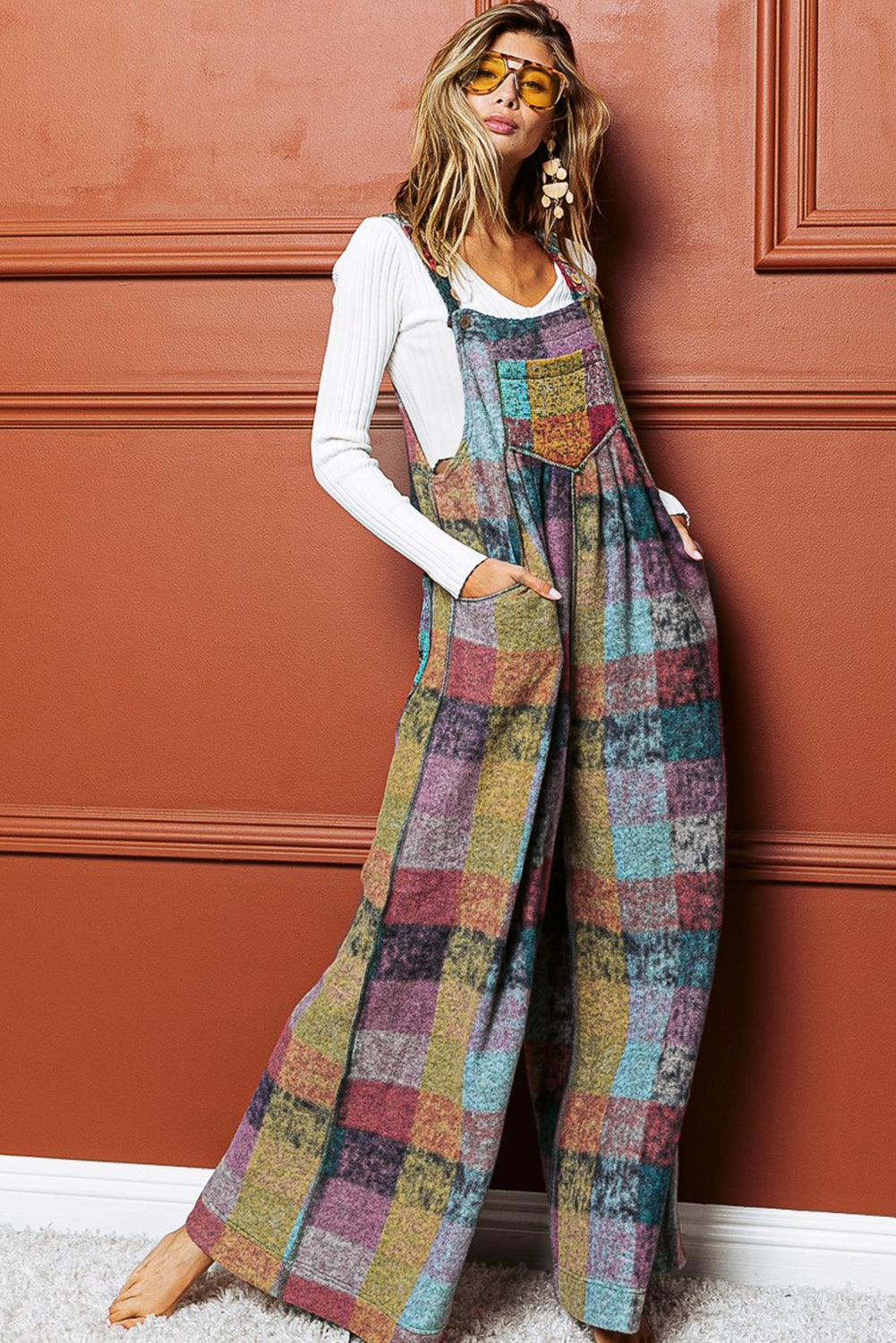 Multicolor Brushed Plaid Buttoned Pullover Oversized Hoodie