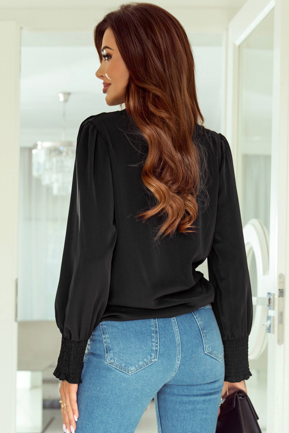 Khaki Solid Surplice Neck Shirred Cuffs Draped Blouse