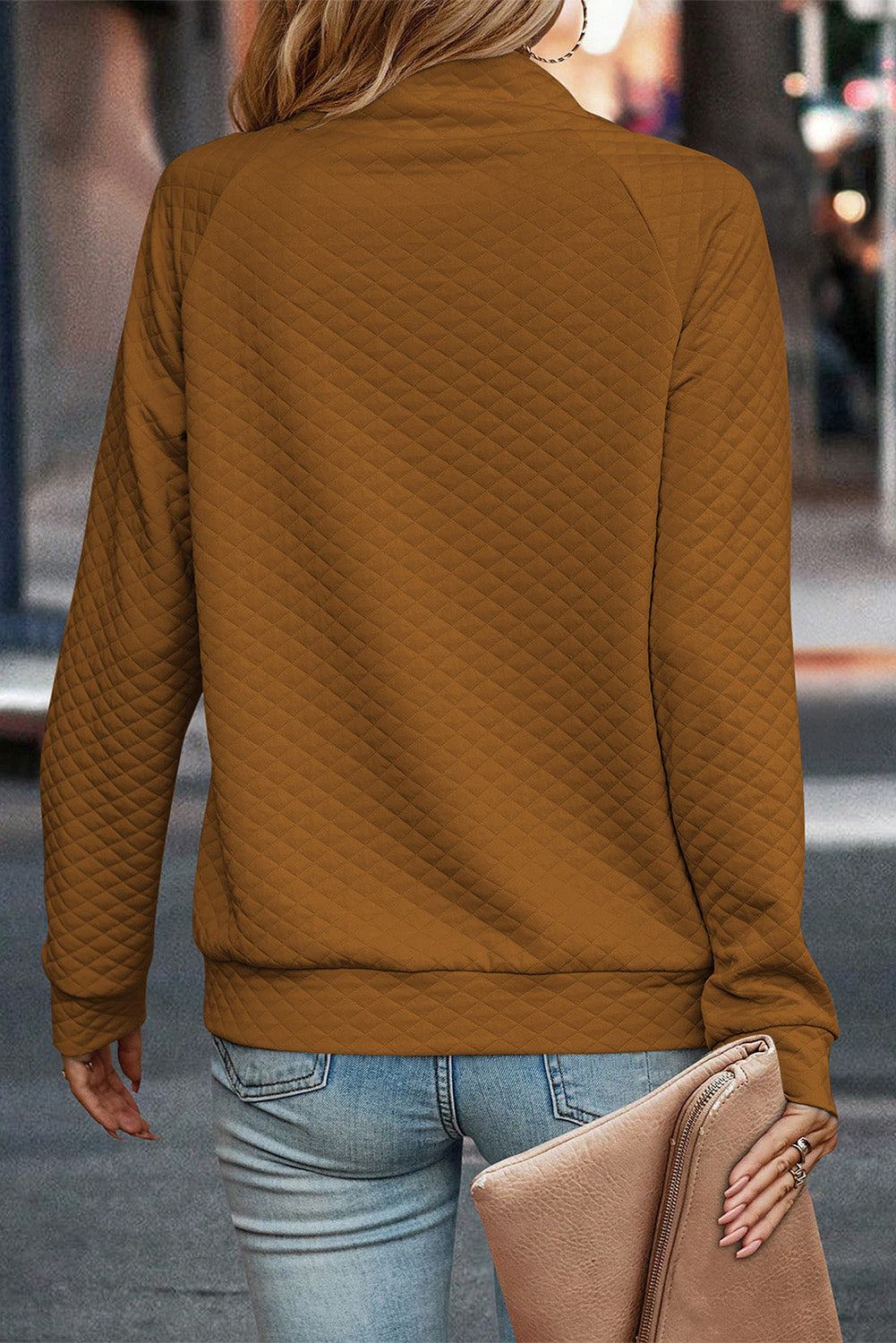 Black Solid Half Zipper Quilted Pullover Sweatshirt