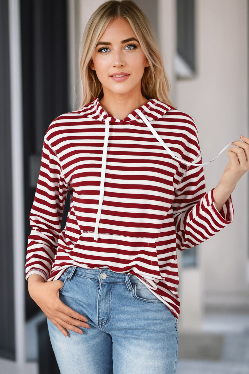 Stripe Kangaroo Pocket Drawstring Hoodie