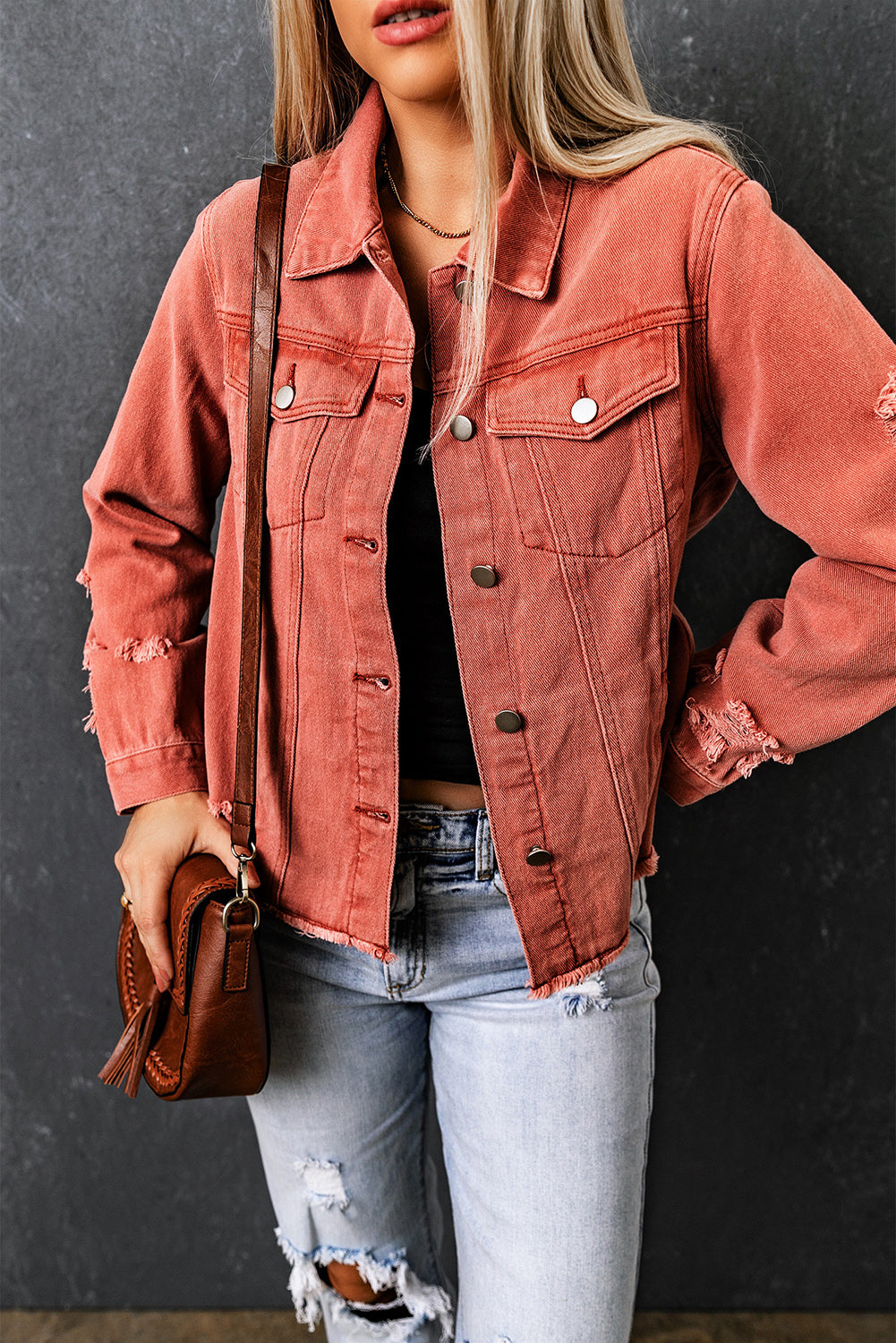 Dark Blue Plus Size Distressed Flap Pocket Denim Jacket