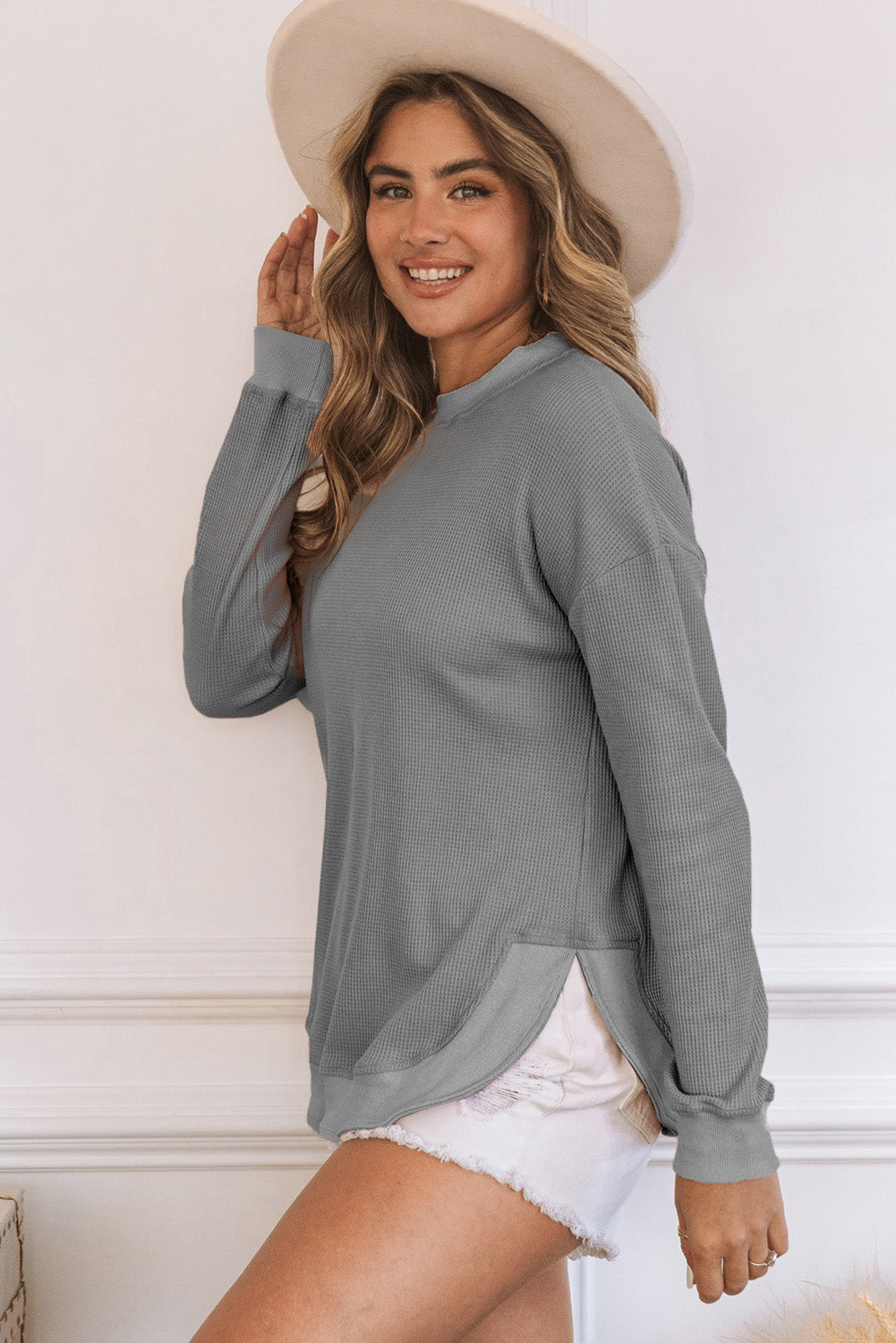 Pink Crew Neck Ribbed Trim Waffle Knit Top