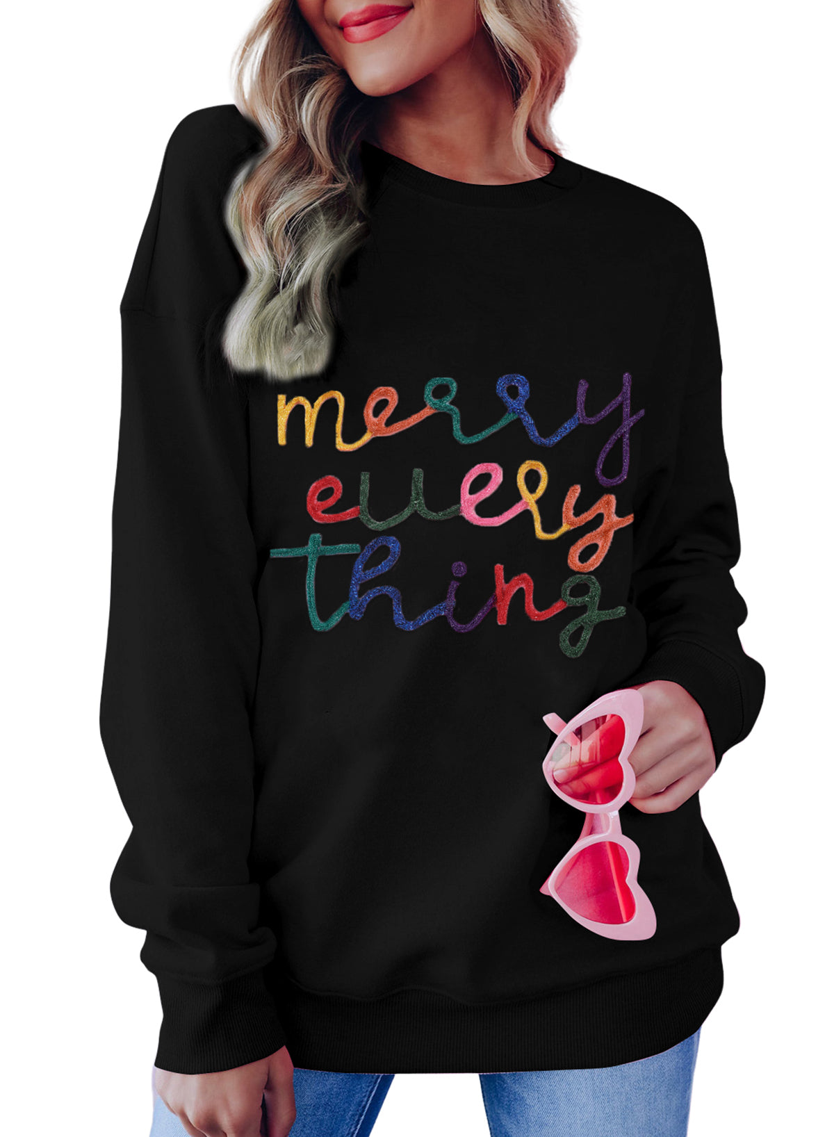 Black Holly Jolly Round Neck Casual Sweater