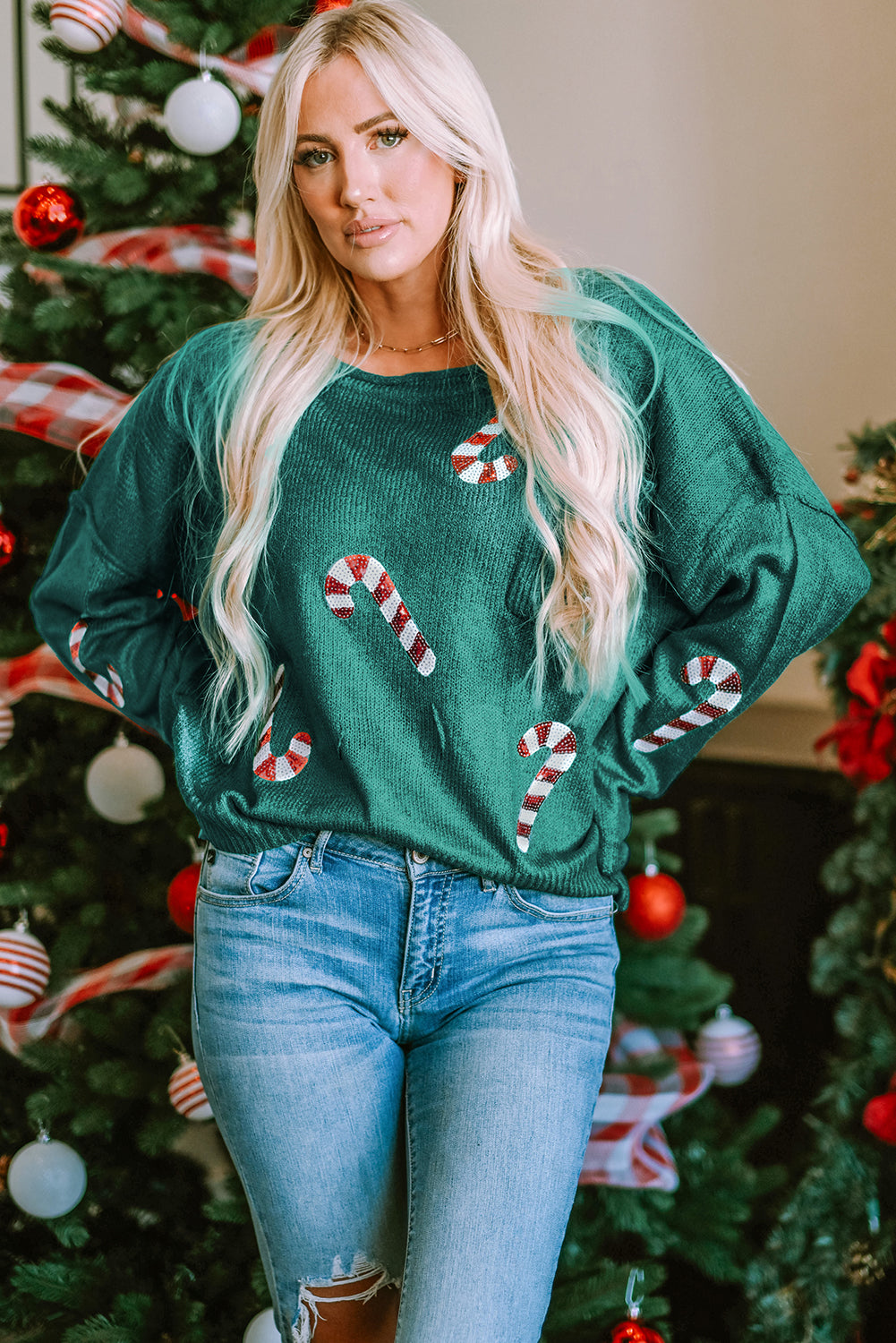 Fiery Red Sequined Christmas Tree Raglan Sleeve Sweatshirt