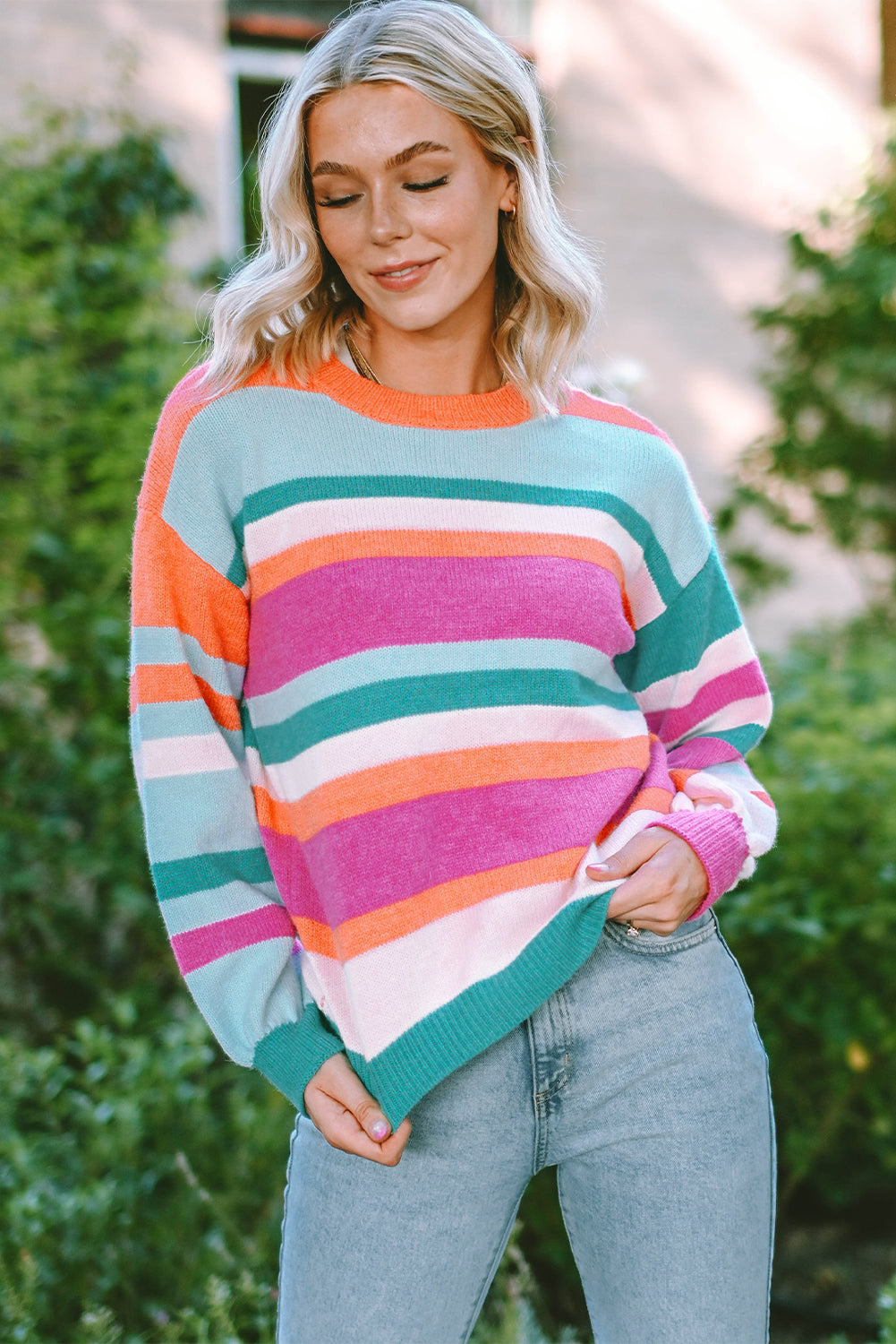 Multicolour Striped Knit Drop Shoulder Puff Sleeve Sweater