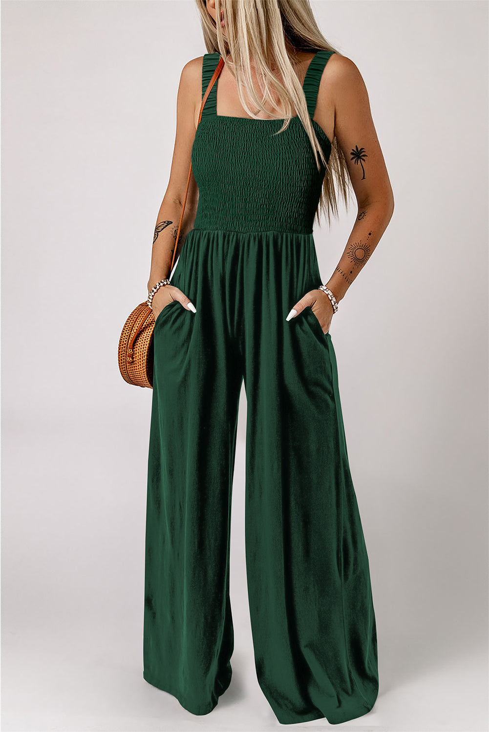 Black Smocked Square Neck Long Sleeve Wide Leg Jumpsuit