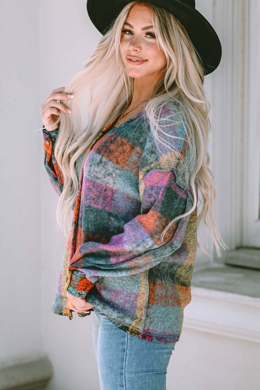 Multicolor Brushed Plaid Buttoned Pullover Oversized Hoodie
