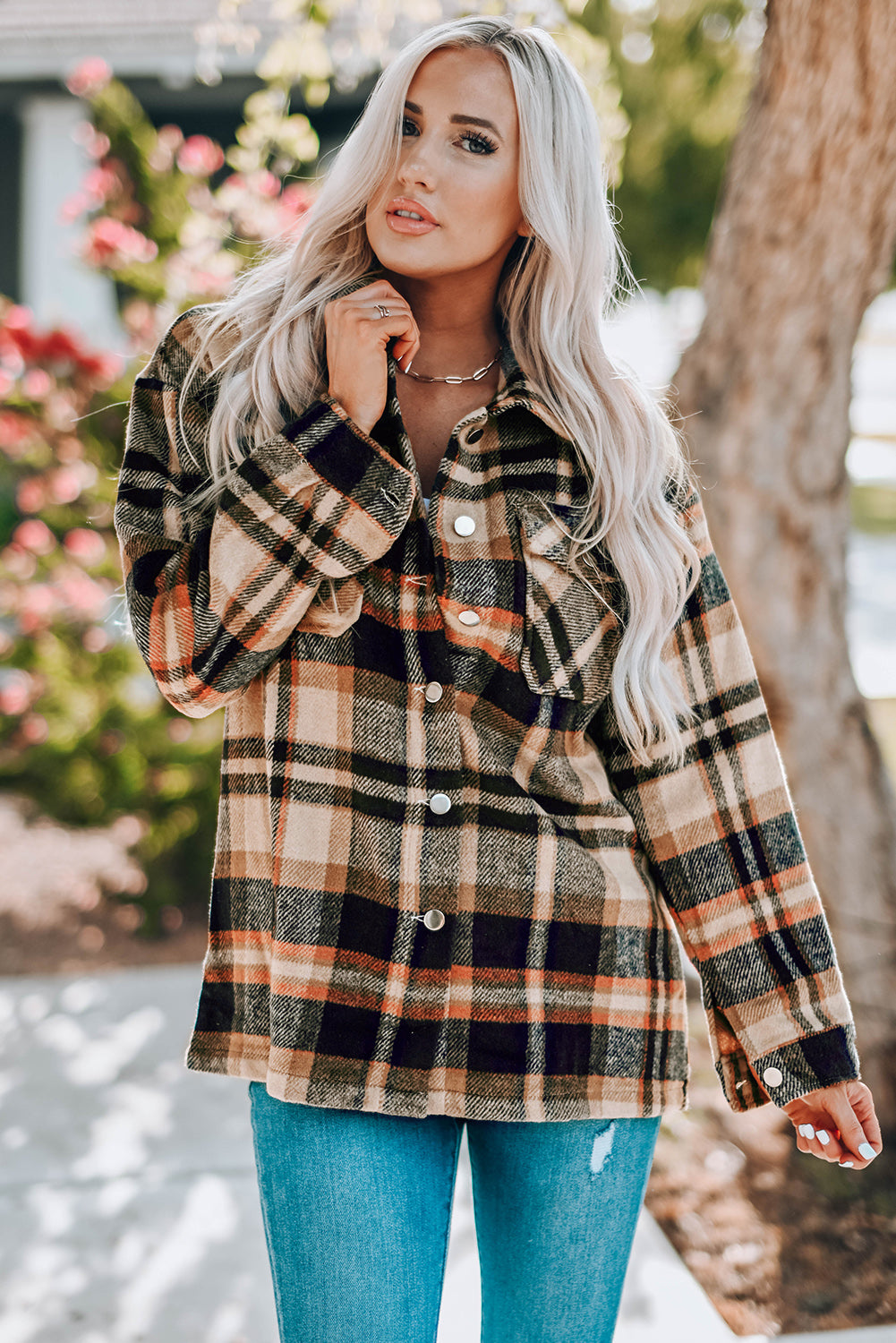 Navy Blue Plus Size Plaid Flap Pocket Shacket