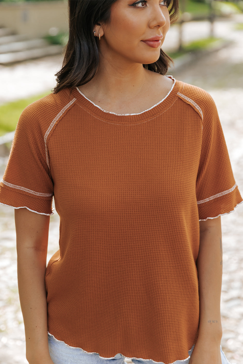 Fiery Red Textured Round Neck Long Sleeve Top