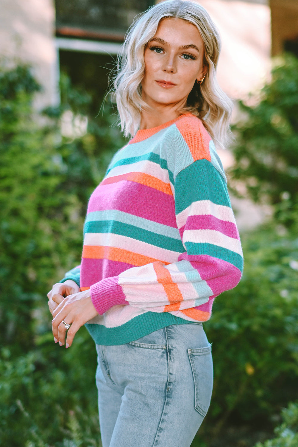 Multicolour Striped Knit Drop Shoulder Puff Sleeve Sweater