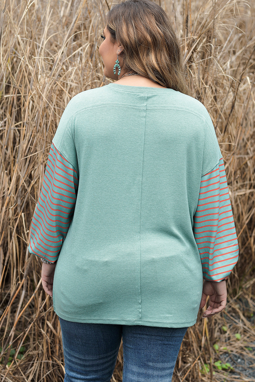 Peach Blossom Colorblock Striped Bishop Sleeve Top