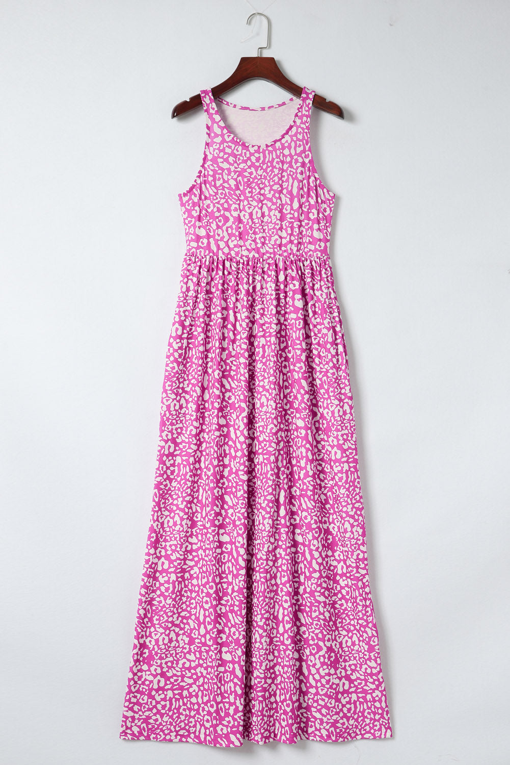 Gray Leopard Print Pocketed Sleeveless Maxi Dress