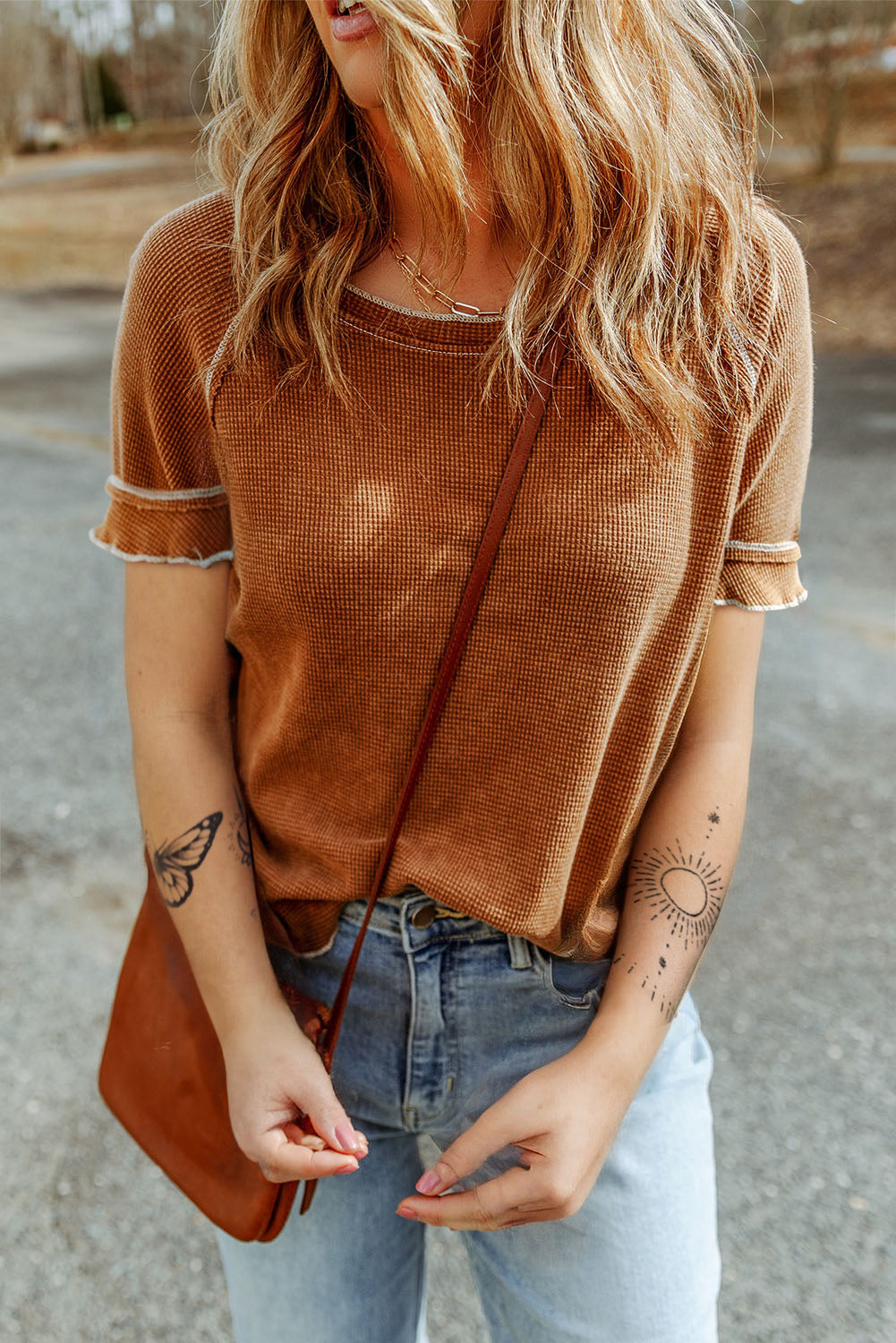 Fiery Red Textured Round Neck Long Sleeve Top