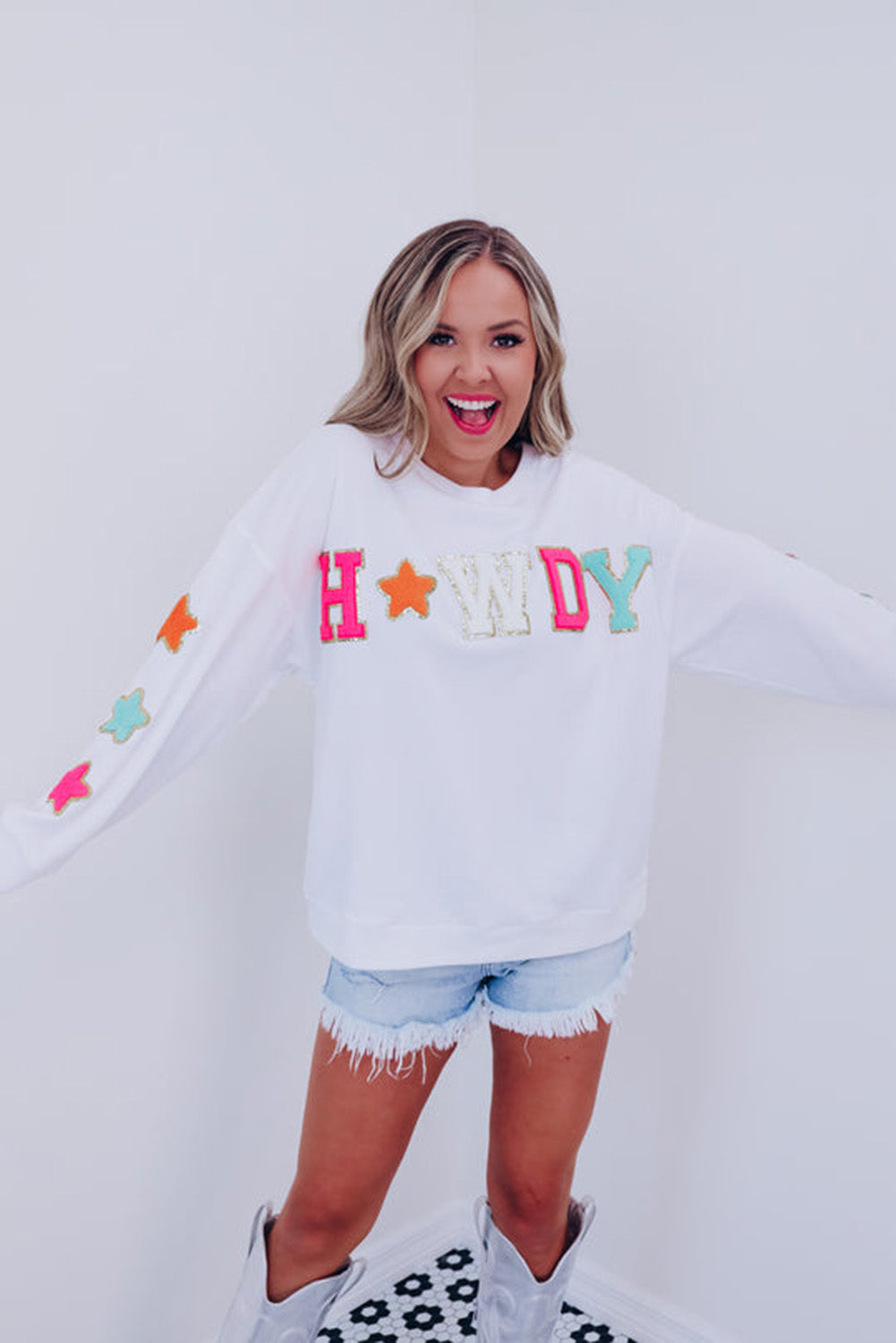 Black Glitter Howdy Patch Graphic Casual Sweatshirt