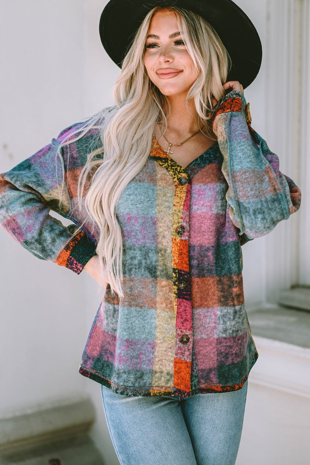 Multicolor Brushed Plaid Buttoned Pullover Oversized Hoodie