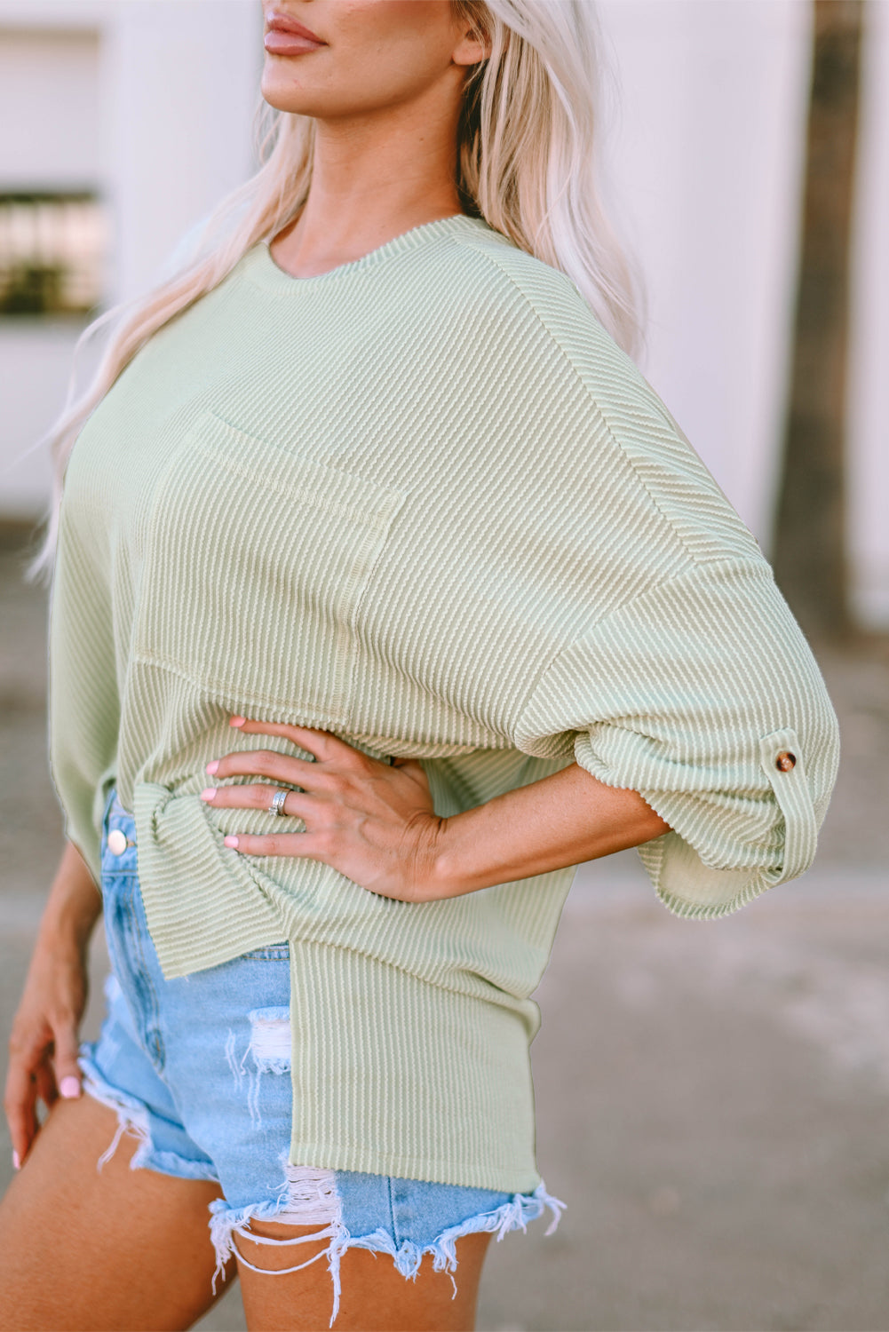 Gray Ribbed Roll-tab Sleeve Chest Pocket Oversize Top