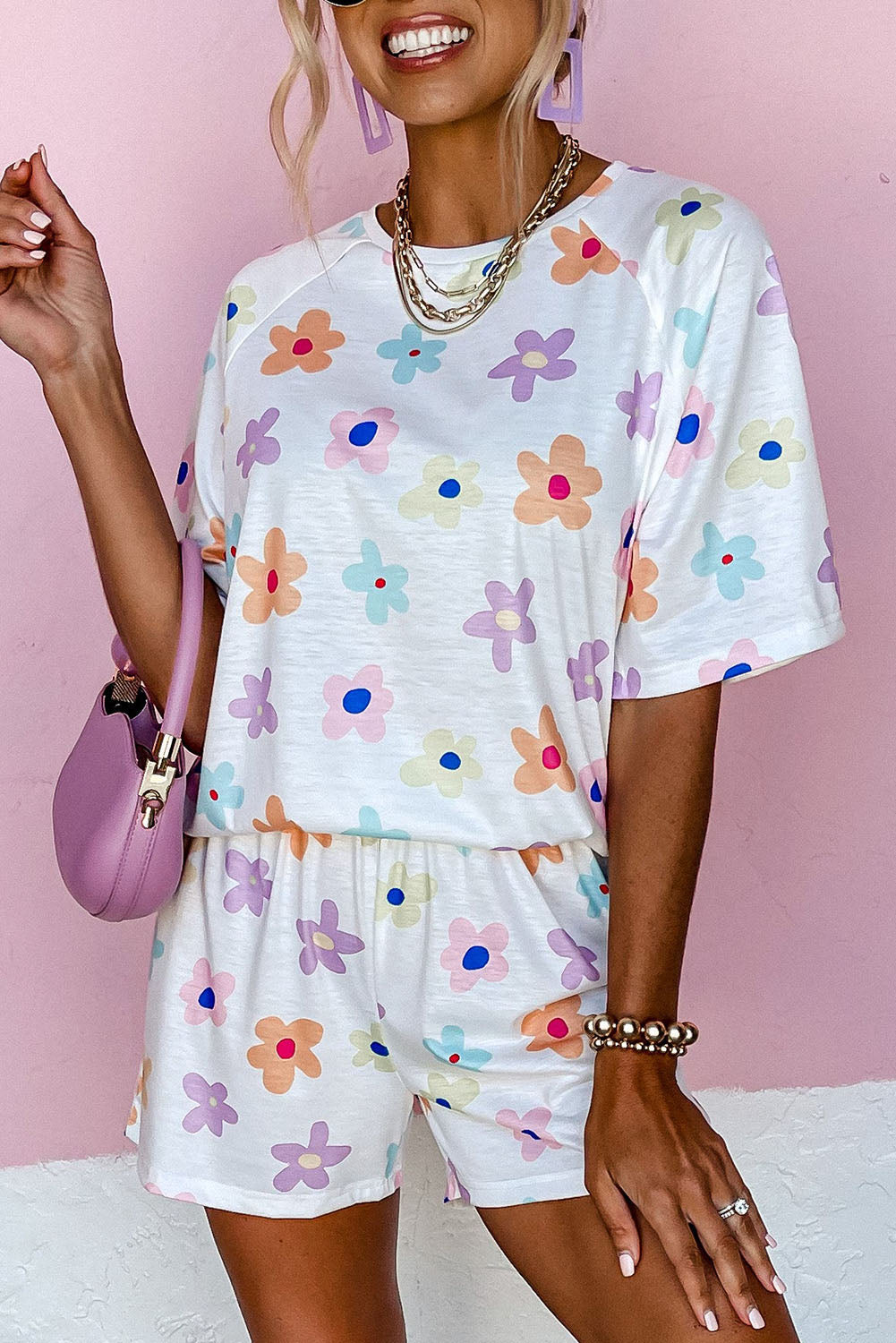 White Floral Long Sleeve Henley Top and Drawstring Shorts Set
