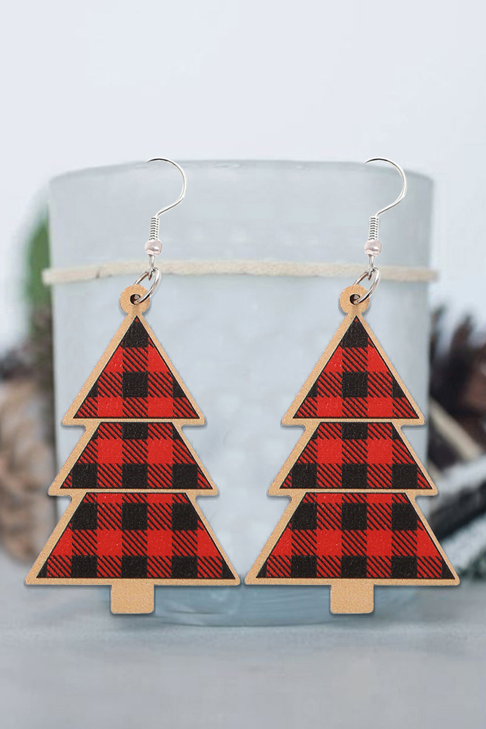 Fiery Red Shade Of Leopard Plaid Christmas Tree Earrings
