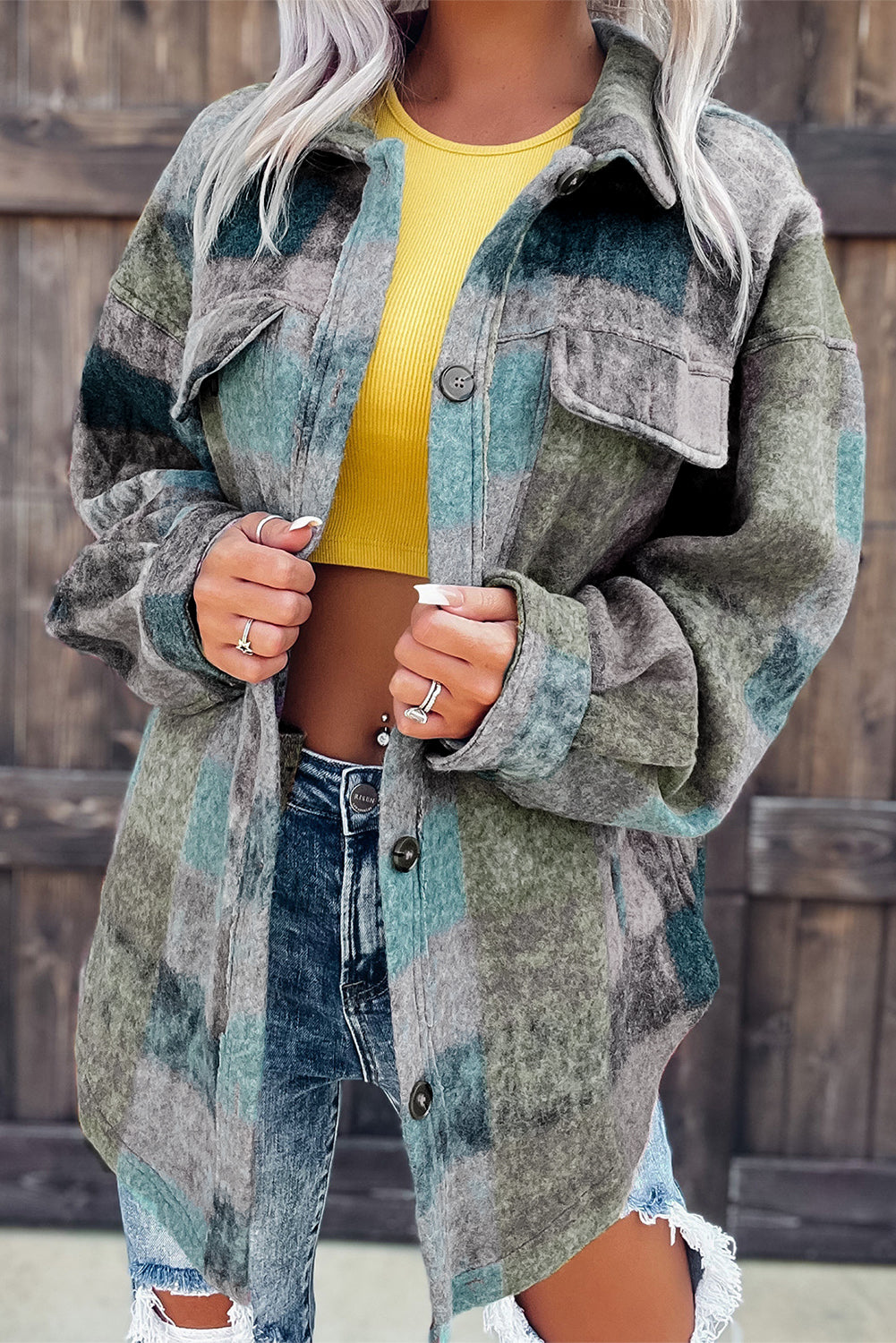 Multicolor Brushed Plaid Buttoned Pullover Oversized Hoodie