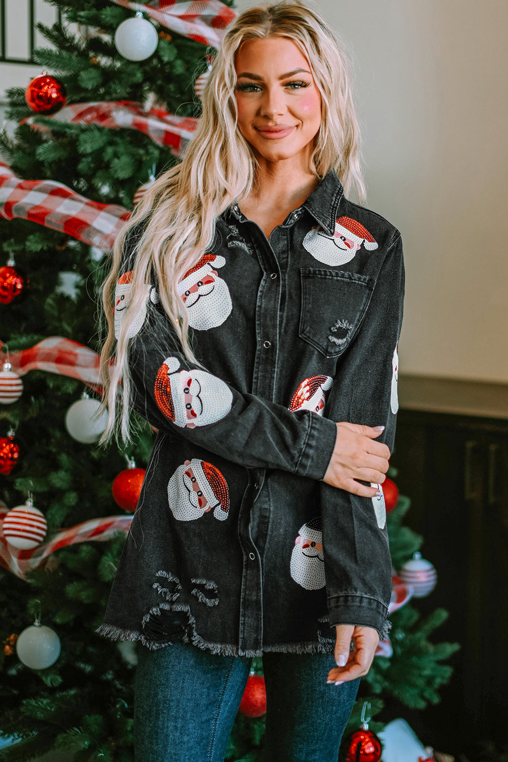 Fiery Red Sequined Christmas Tree Raglan Sleeve Sweatshirt