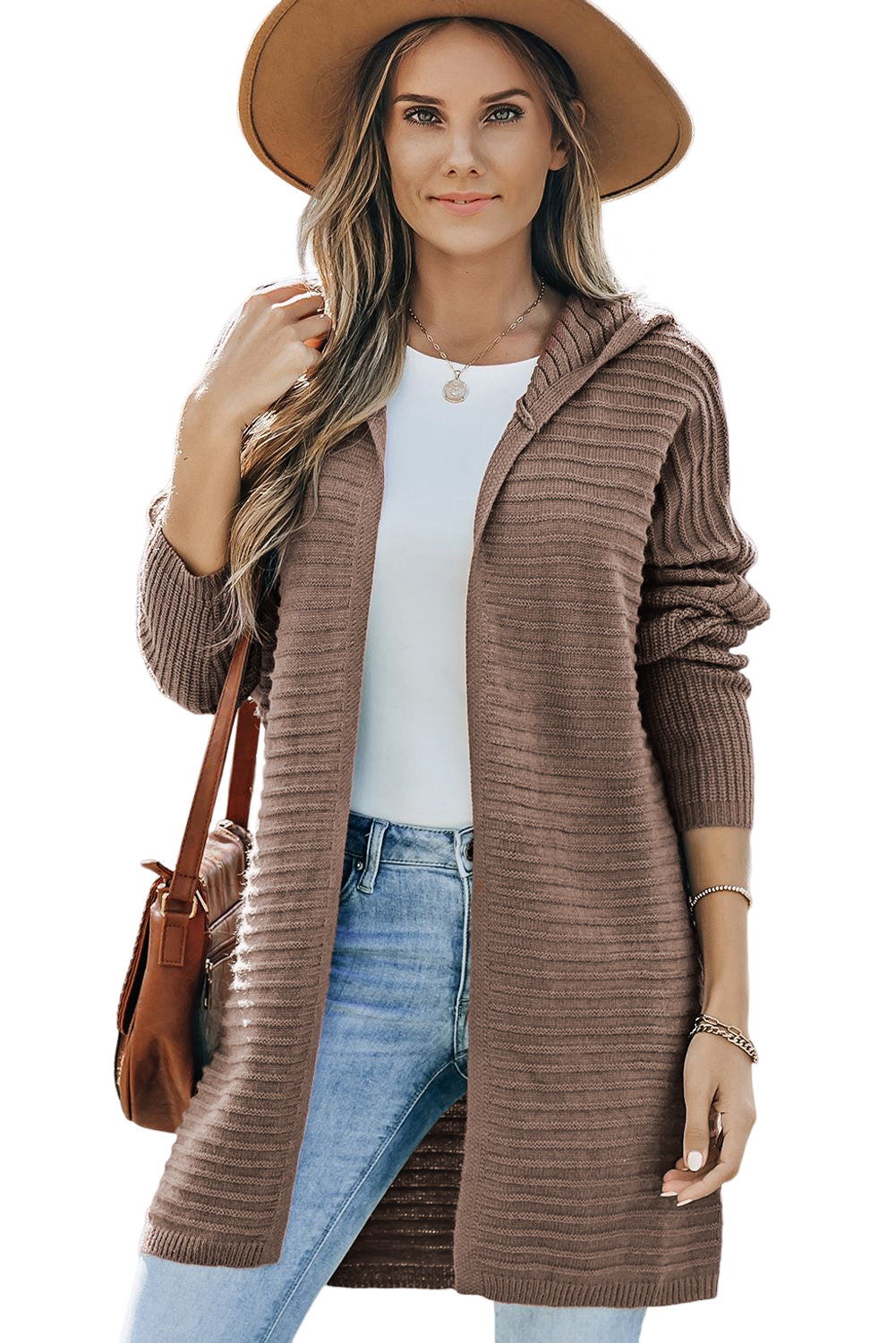 Black Horizontal Rib Knitted Open Front Hooded Cardigan