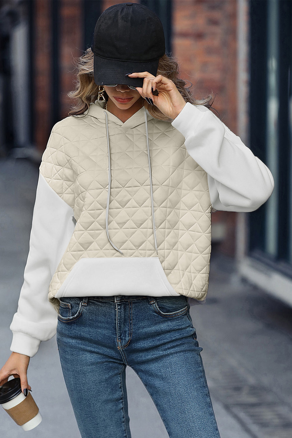 Coffee Solid Color Quilted Kangaroo Pocket Hoodie